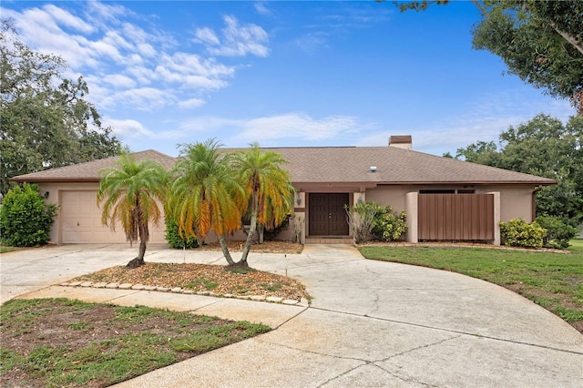 9311 136th Way, Seminole, FL 33776 - view of front facade featuring driveway, stucco siding, an attached garage, a chimney, and a front lawn