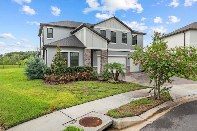 22034 Storybook Cabin Way, Land O Lakes, FL 34637 - view of front of home with driveway, stone siding, a garage, a front lawn, and stucco siding
