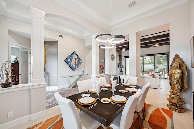 1042 Tuscany Dr, Trinity, FL 34655 - dining space featuring ornate columns, crown molding, and light tile patterned floors