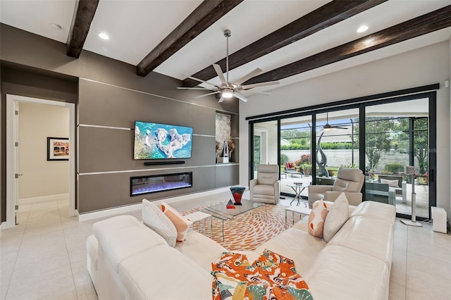 1042 Tuscany Dr, Trinity, FL 34655 - living room with light tile patterned floors, a glass covered fireplace, a ceiling fan, beam ceiling, and recessed lighting