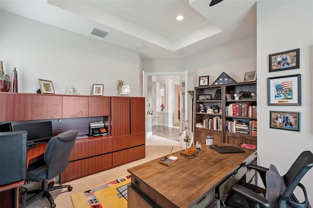 1042 Tuscany Dr, Trinity, FL 34655 - office area with a raised ceiling, recessed lighting, and light colored carpet