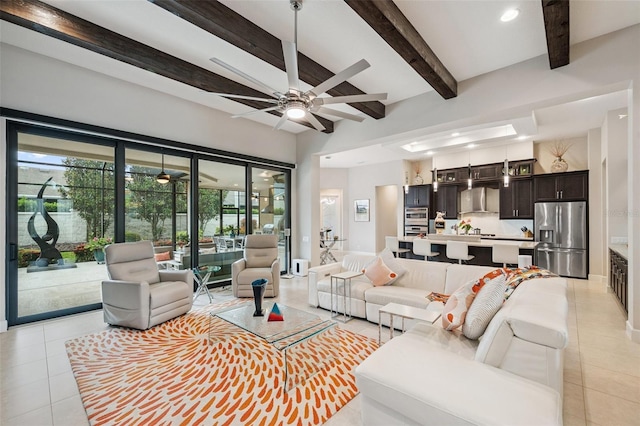 1042 Tuscany Dr, Trinity, FL 34655 - living room featuring light tile patterned floors, a ceiling fan, beamed ceiling, plenty of natural light, and recessed lighting