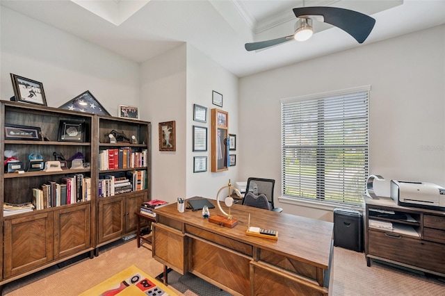 1042 Tuscany Dr, Trinity, FL 34655 - office space with light colored carpet, ceiling fan, crown molding, and a raised ceiling