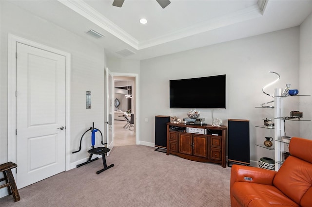 1042 Tuscany Dr, Trinity, FL 34655 - living room with ornamental molding, light colored carpet, a tray ceiling, a ceiling fan, and recessed lighting