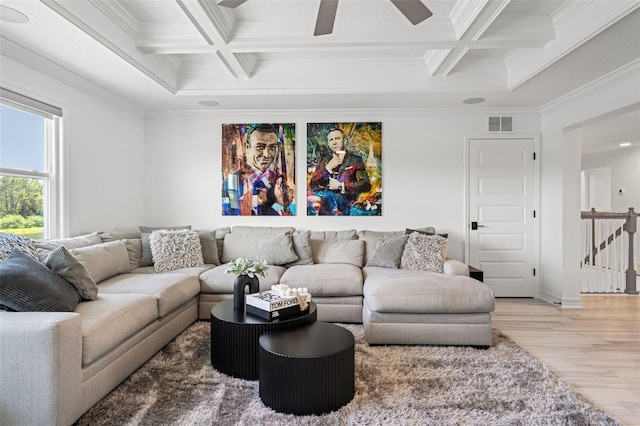 7819 Notched Pine Bnd, Wesley Chapel, FL 33545 - living room featuring coffered ceiling, ornamental molding, wood finished floors, beamed ceiling, and ceiling fan