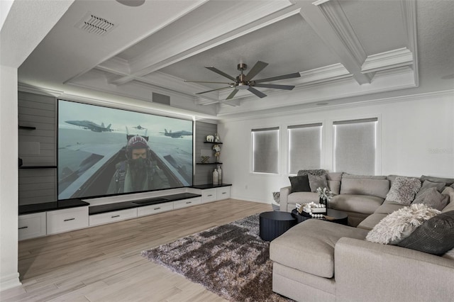 7819 Notched Pine Bnd, Wesley Chapel, FL 33545 - cinema room with coffered ceiling, ornamental molding, ceiling fan, light wood-style flooring, and beamed ceiling