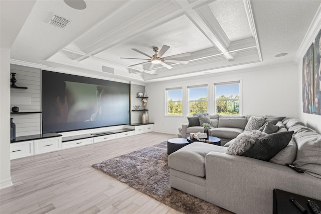 7819 Notched Pine Bnd, Wesley Chapel, FL 33545 - living area with coffered ceiling, a ceiling fan, ornamental molding, light wood-type flooring, and beam ceiling