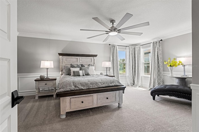 7819 Notched Pine Bnd, Wesley Chapel, FL 33545 - bedroom featuring dark colored carpet, a textured ceiling, ornamental molding, ceiling fan, and wainscoting
