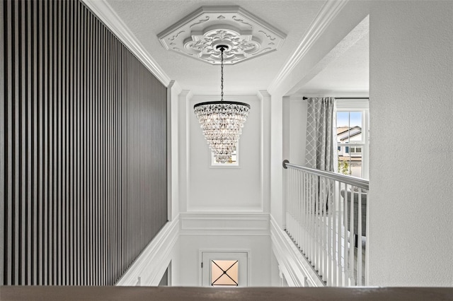 7819 Notched Pine Bnd, Wesley Chapel, FL 33545 - staircase featuring ornamental molding, a chandelier, and a textured ceiling