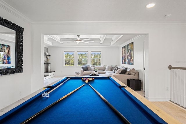 7819 Notched Pine Bnd, Wesley Chapel, FL 33545 - game room featuring ornamental molding, a ceiling fan, wood finished floors, beamed ceiling, and recessed lighting