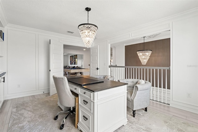 7819 Notched Pine Bnd, Wesley Chapel, FL 33545 - office area with a chandelier, crown molding, and light wood-style floors
