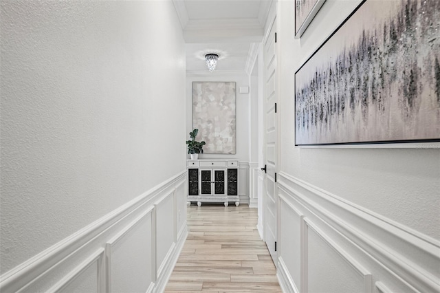 7819 Notched Pine Bnd, Wesley Chapel, FL 33545 - hallway featuring crown molding, a decorative wall, light wood finished floors, and a textured wall