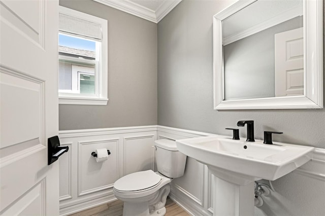 7819 Notched Pine Bnd, Wesley Chapel, FL 33545 - half bath with crown molding, wainscoting, wood finished floors, and a decorative wall