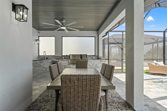 7819 Notched Pine Bnd, Wesley Chapel, FL 33545 - sunroom / solarium featuring area for grilling, a ceiling fan, and outdoor dining area