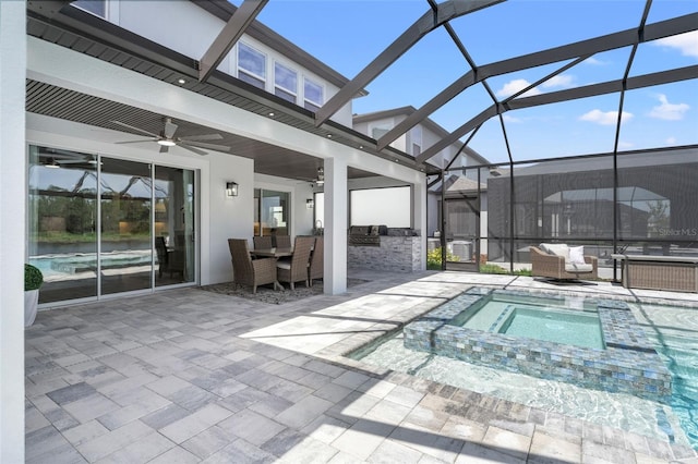 7819 Notched Pine Bnd, Wesley Chapel, FL 33545 - view of pool with an outdoor living space, area for grilling, a patio area, a ceiling fan, and glass enclosure