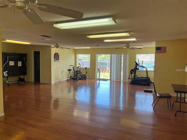 4901 Onyx Ln Unit 204, New Port Richey, FL 34652 - workout room featuring a ceiling fan, a textured ceiling, plenty of natural light, and wood finished floors