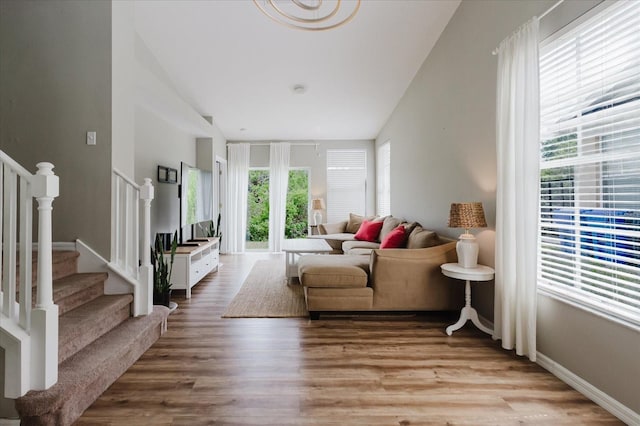 6260 Olivedale Dr, Riverview, FL 33578 - living room featuring stairway and wood finished floors