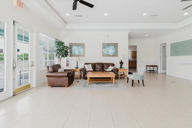 6260 Olivedale Dr, Riverview, FL 33578 - living area featuring a ceiling fan, ornamental molding, light tile patterned flooring, and recessed lighting