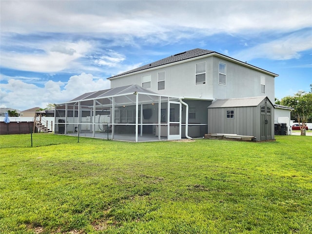 3112 Kearns Rd, Mulberry, FL 33860 - back of house with a shed, a lanai, a fenced backyard, and a patio