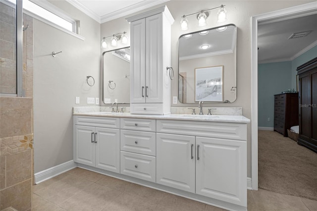 13252 SW 6th Ave, Newberry, FL 32669 - bathroom with double vanity, ornamental molding, a walk in shower, and tile patterned flooring