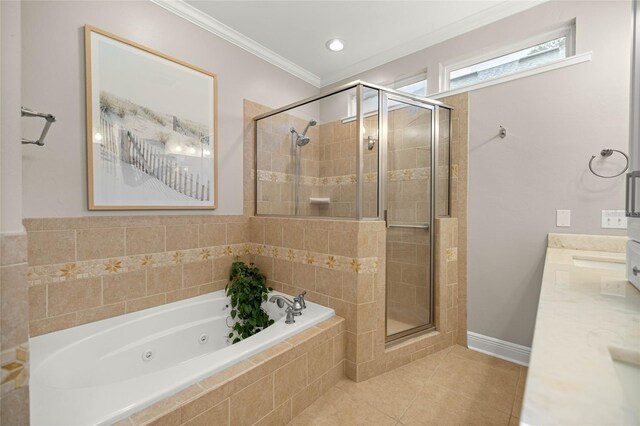 13252 SW 6th Ave, Newberry, FL 32669 - bathroom featuring a tub with jets, a stall shower, double vanity, tile patterned flooring, and ornamental molding