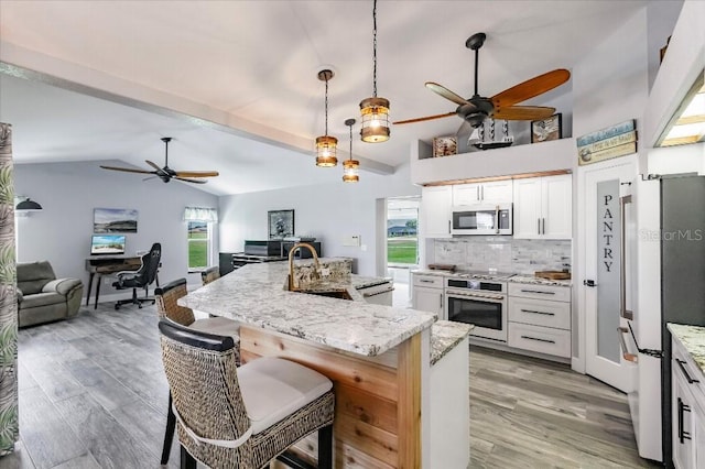 20 Bunker Ter, Rotonda West, FL 33947 - kitchen with stainless steel appliances, ceiling fan, lofted ceiling, open floor plan, and light wood-style flooring