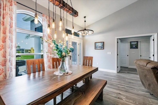 20 Bunker Ter, Rotonda West, FL 33947 - dining space featuring a chandelier, wood finished floors, and high vaulted ceiling