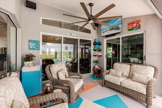20 Bunker Ter, Rotonda West, FL 33947 - sunroom featuring ceiling fan, vaulted ceiling, and outdoor lounge area