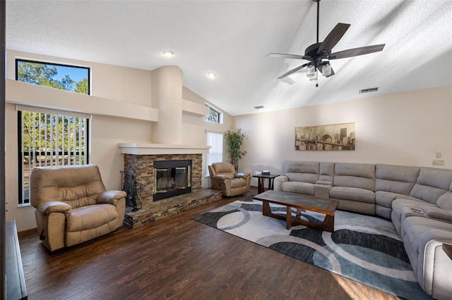 1304 N Jasmine Ave, Tarpon Springs, FL 34689 - living room with wood finished floors, ceiling fan, a fireplace, recessed lighting, and high vaulted ceiling