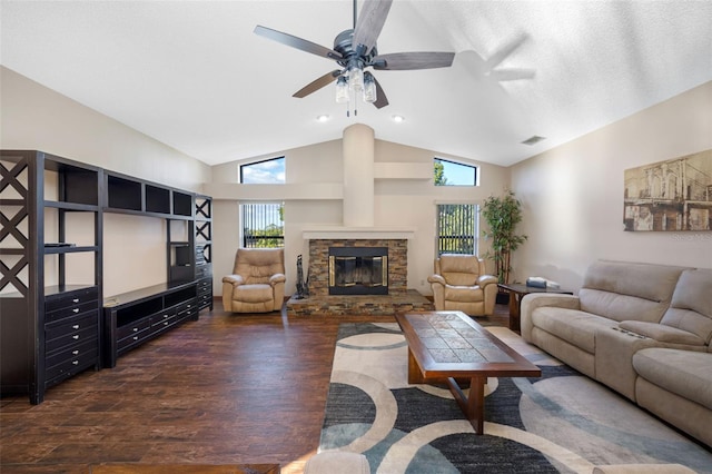 1304 N Jasmine Ave, Tarpon Springs, FL 34689 - living area with dark wood-style floors, vaulted ceiling, plenty of natural light, ceiling fan, and recessed lighting