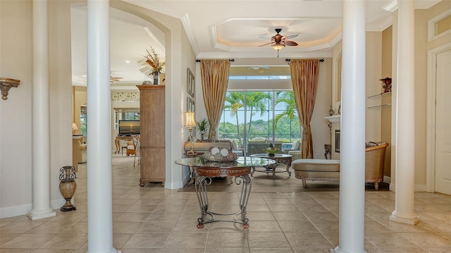 15110 Sundial Pl, Lakewood Ranch, FL 34202 - living area featuring decorative columns, ornamental molding, ceiling fan, and light tile patterned floors