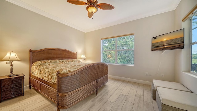 15110 Sundial Pl, Lakewood Ranch, FL 34202 - bedroom featuring light wood-style floors, multiple windows, ornamental molding, and a ceiling fan