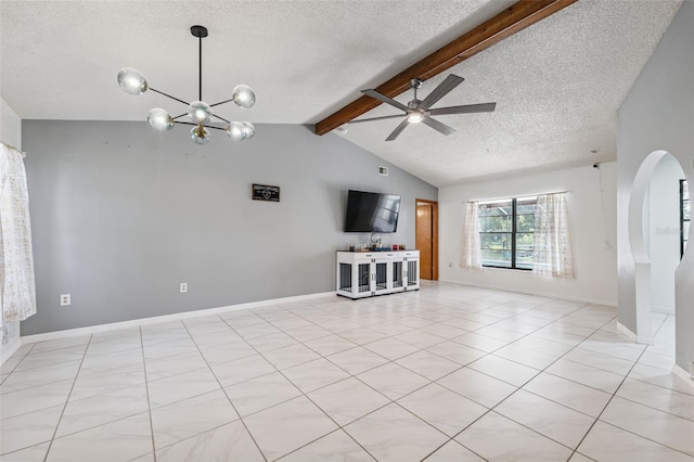 1116 Dagmar Ave, Spring Hill, FL 34606 - unfurnished living room with a textured ceiling, a ceiling fan, light tile patterned flooring, a chandelier, and arched walkways