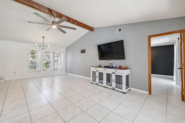 1116 Dagmar Ave, Spring Hill, FL 34606 - unfurnished living room with a chandelier, ceiling fan, light tile patterned floors, and a textured ceiling