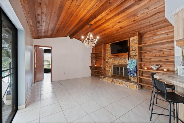 1116 Dagmar Ave, Spring Hill, FL 34606 - tiled living room featuring a fireplace, wood ceiling, and a chandelier