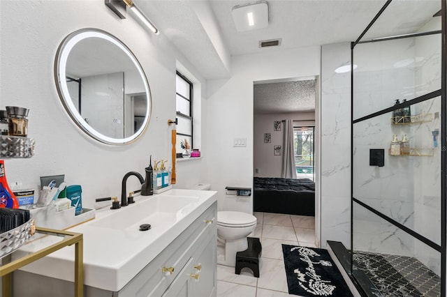 1116 Dagmar Ave, Spring Hill, FL 34606 - bathroom with a textured ceiling, a marble finish shower, vanity, and marble look tiles