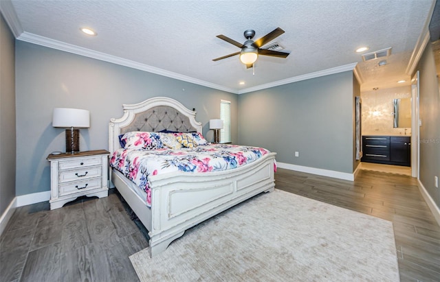 1120 Lancer Ln, Tarpon Springs, FL 34689 - bedroom with wood finished floors, ornamental molding, a textured ceiling, recessed lighting, and ceiling fan