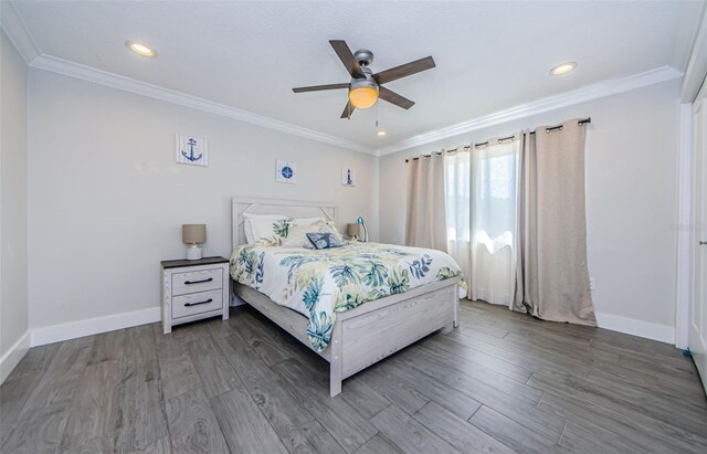 1120 Lancer Ln, Tarpon Springs, FL 34689 - bedroom featuring wood finished floors, recessed lighting, ornamental molding, and ceiling fan
