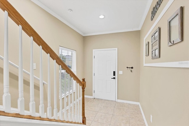 11571 84th Street Cir E Unit 106, Parrish, FL 34219 - entrance foyer with stairway, light tile patterned floors, and ornamental molding