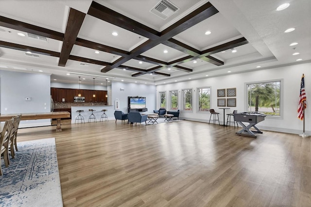 11571 84th Street Cir E Unit 106, Parrish, FL 34219 - living area featuring wood finished floors, plenty of natural light, beamed ceiling, coffered ceiling, and recessed lighting