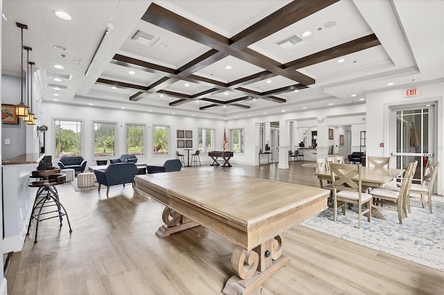 11571 84th Street Cir E Unit 106, Parrish, FL 34219 - rec room with light wood-style flooring, beam ceiling, coffered ceiling, and recessed lighting