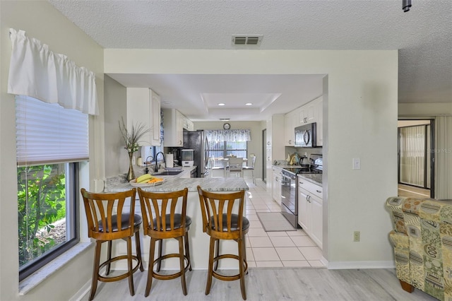2510 Locksley St Unit 2510, Sun City Center, FL 33573 - kitchen with appliances with stainless steel finishes, a peninsula, white cabinets, a breakfast bar, and a raised ceiling