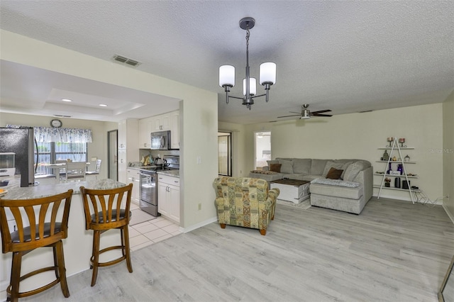 2510 Locksley St Unit 2510, Sun City Center, FL 33573 - living area with light wood-type flooring, a chandelier, a ceiling fan, a textured ceiling, and a raised ceiling
