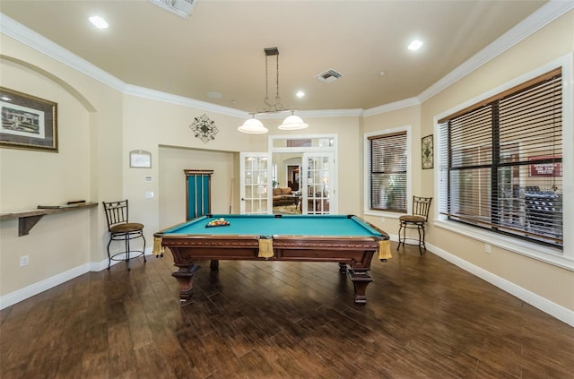 2148 Chianti Pl Unit 1310, Palm Harbor, FL 34683 - rec room featuring french doors, crown molding, wood finished floors, billiards, and arched walkways