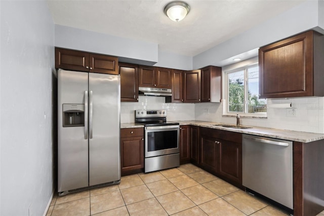 992 20th St SW, Largo, FL 33770 - kitchen with stainless steel appliances, under cabinet range hood, backsplash, and dark brown cabinetry
