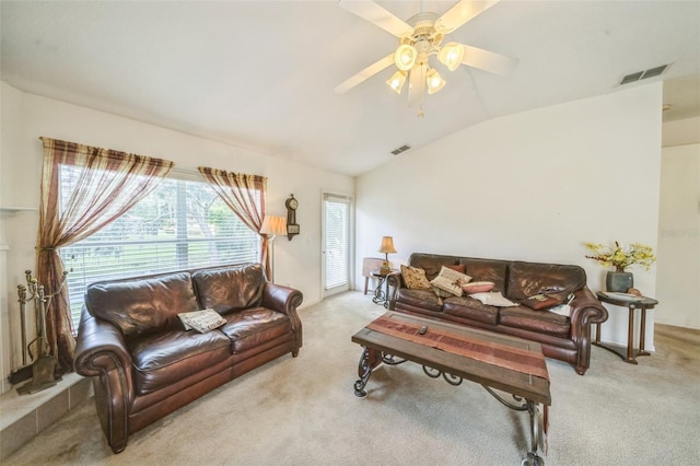 1754 Turtle Rock Dr, Lakeland, FL 33803 - living room with light carpet, ceiling fan, and lofted ceiling