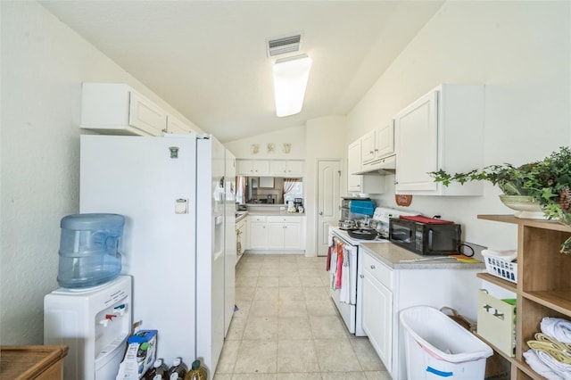 1754 Turtle Rock Dr, Lakeland, FL 33803 - kitchen featuring white appliances, under cabinet range hood, white cabinets, lofted ceiling, and light countertops