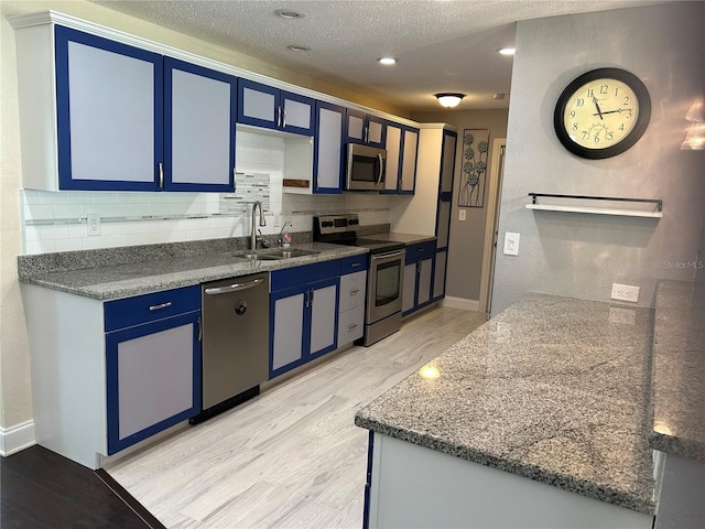 3260 Parkway Pl, Palm Harbor, FL 34684 - kitchen with appliances with stainless steel finishes, blue cabinets, tasteful backsplash, light wood-style floors, and a textured ceiling