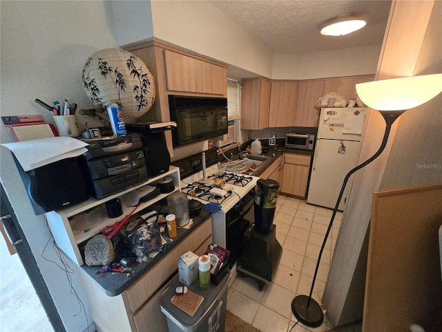 8548 Cypress Lakes Blvd, New Port Richey, FL 34653 - kitchen featuring white appliances, light brown cabinetry, dark countertops, light tile patterned flooring, and a textured ceiling