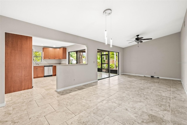2986 Cypress Green Dr, Palm Harbor, FL 34684 - unfurnished living room with a ceiling fan and lofted ceiling